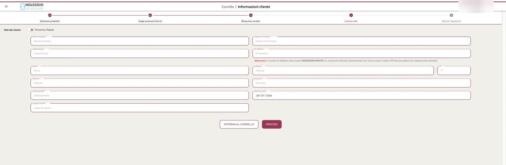 Inserimento dei dati del cliente per la firma digitale